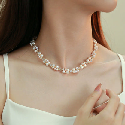 Double Layer Woven Natural Pearl Necklace Bracelet Set Ladies French Beaded Design Crystal Jewelry