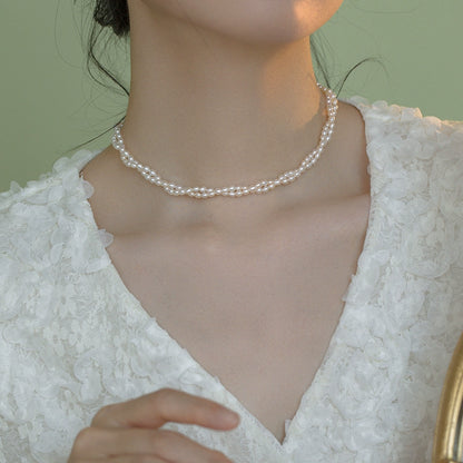 Small rice grain natural pearl necklace double layer ladies choker French retro tide