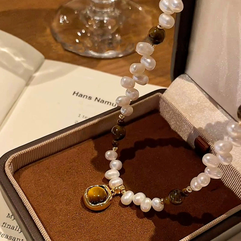 Mr. He Natural Pearl Necklace Earrings Set Ladies Design Tiger's Eye Premium