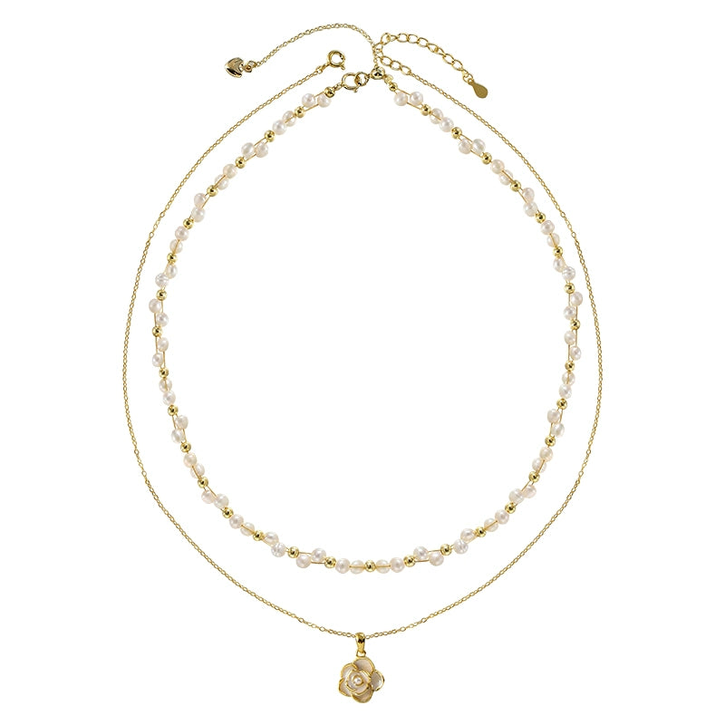 Double Stacked Wear Woven Premium Pearl Necklace Ladies Delicate Design Camellia Pendant