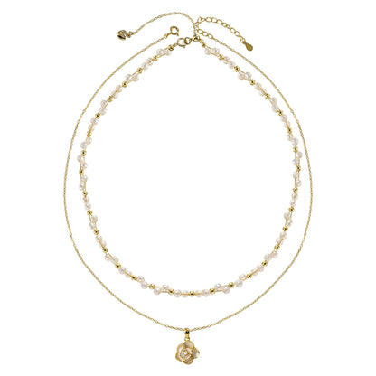 Double Stacked Wear Woven Premium Pearl Necklace Ladies Delicate Design Camellia Pendant