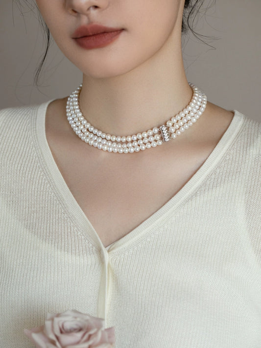 three-layer natural pearl cheongsam necklace multi-layer versatile 925 silver retro