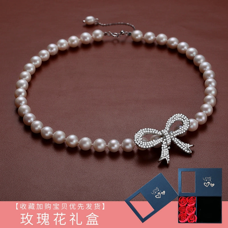 Pearl ladies model is round strong light natural freshwater real pearl choker big bow string necklace