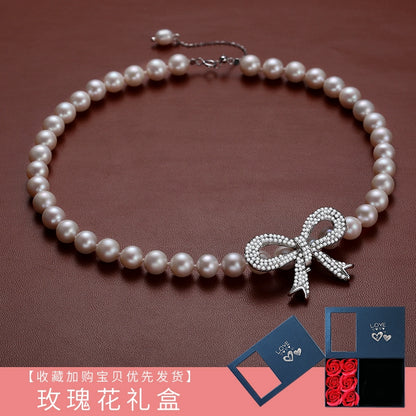 Pearl ladies model is round strong light natural freshwater real pearl choker big bow string necklace