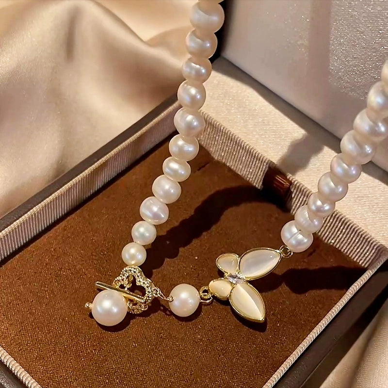 OT Buckle Natural Pearl Necklace Ladies Butterfly Pendant Design