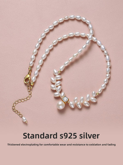 Pearl necklace 2025 new popular natural freshwater rice grain beads wheat ears Princess Diana beaded sweater chain chain chain