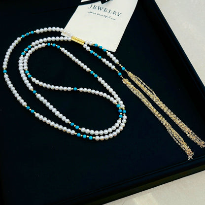 new product turquoise fringed design magnetic suction buckle tian ran freshwater pearl sweater chain long necklace