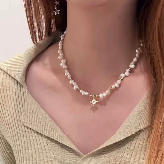 Natural Freshwater Pearl Necklace Ladies Exquisite Star Pendant Rice Beads