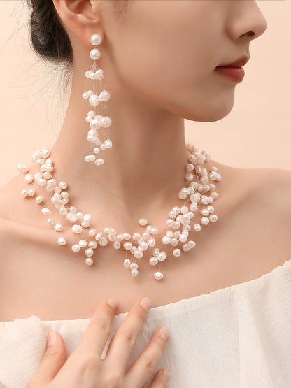 Gypsy Pearl Earrings Women's Natural Freshwater Long Exaggerated Earrings Bridal Wedding Necklace Set Combination