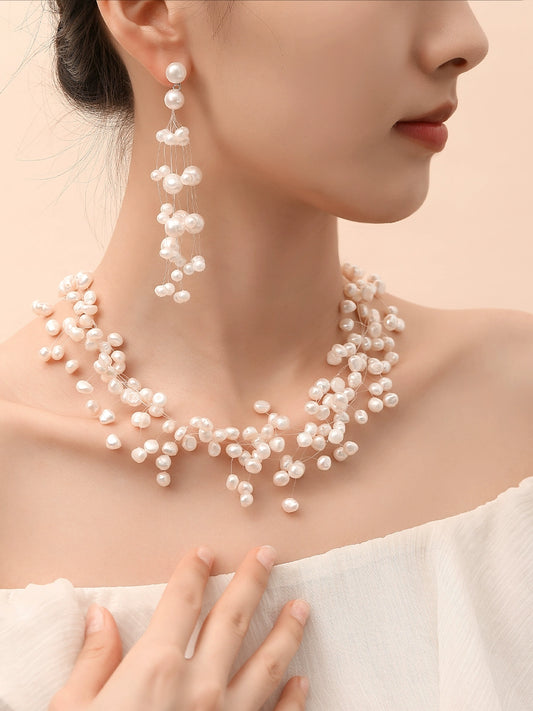 Gypsy Pearl Earrings Women's Natural Freshwater Long Exaggerated Earrings Bridal Wedding Necklace Set Combination