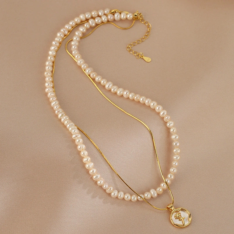 Double stacked natural freshwater pearl necklace female niche design rose pendant neck chain light luxury collarbone chain