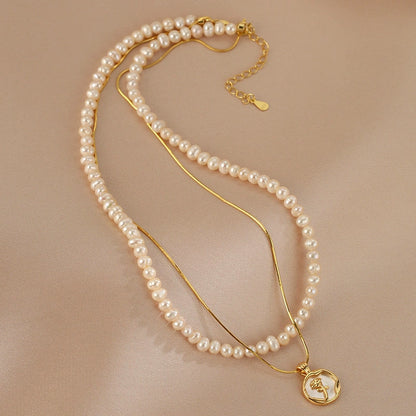 Double stacked natural freshwater pearl necklace female niche design rose pendant neck chain light luxury collarbone chain