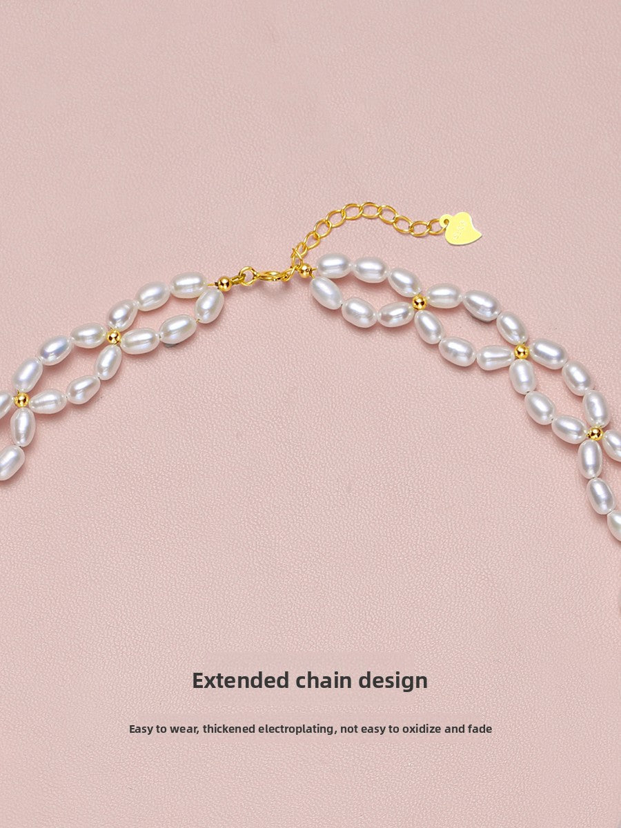 Pearl necklace 2025 new popular genuine women's natural freshwater double-layer rice bead French dress