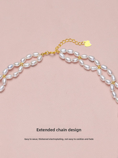 Pearl necklace 2025 new popular genuine women's natural freshwater double-layer rice bead French dress
