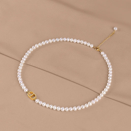 Natural freshwater pearl necklace strong light niche round bead pig nose pendant collarbone chain female XL089