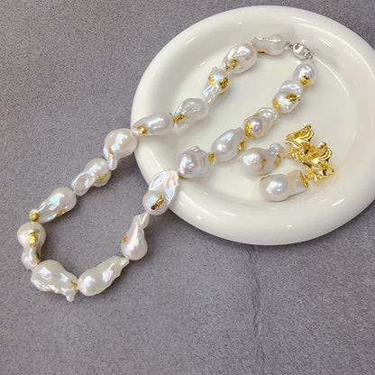Natural special-shaped fishtail large baroque pearl necklace gold foil handicraft large pearl plain chain women