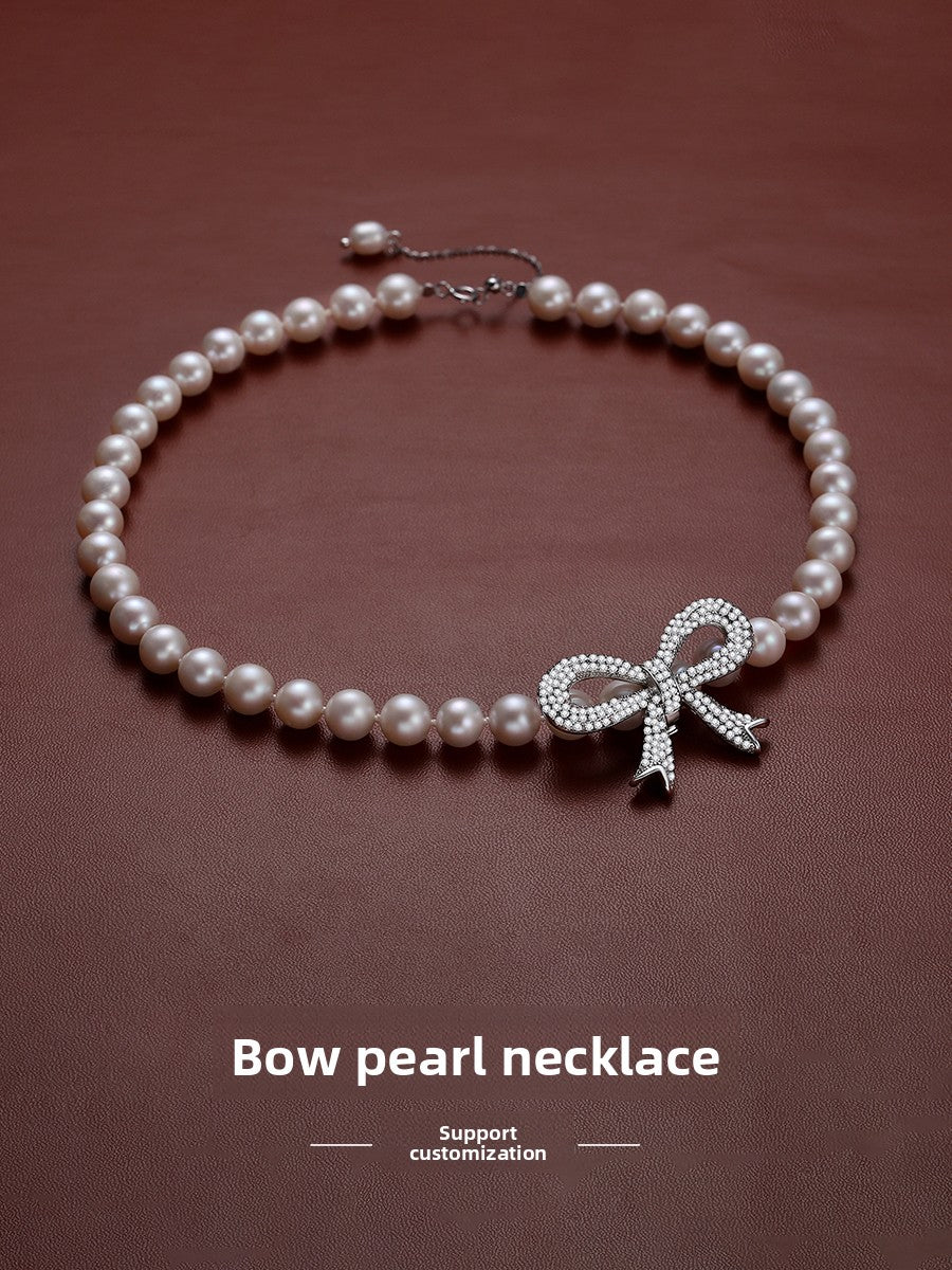 Pearl ladies model is round strong light natural freshwater real pearl choker big bow string necklace