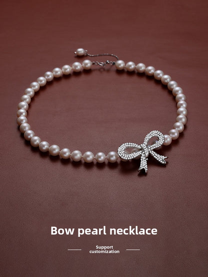 Pearl ladies model is round strong light natural freshwater real pearl choker big bow string necklace