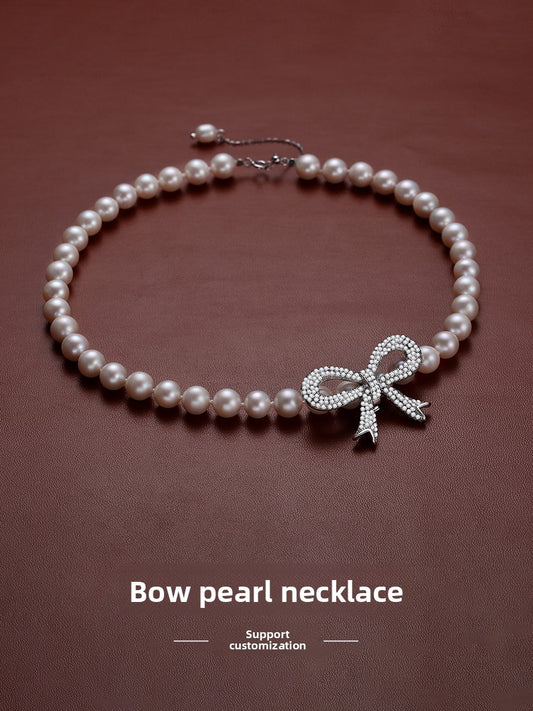 Pearl ladies model is round strong light natural freshwater real pearl choker big bow string necklace