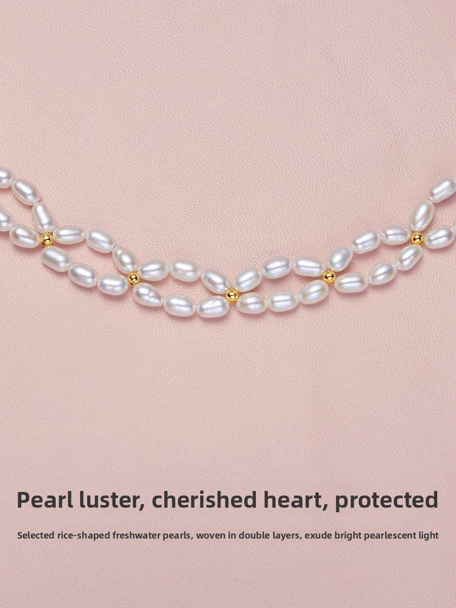 Pearl necklace 2025 new popular genuine women's natural freshwater double-layer rice bead French dress