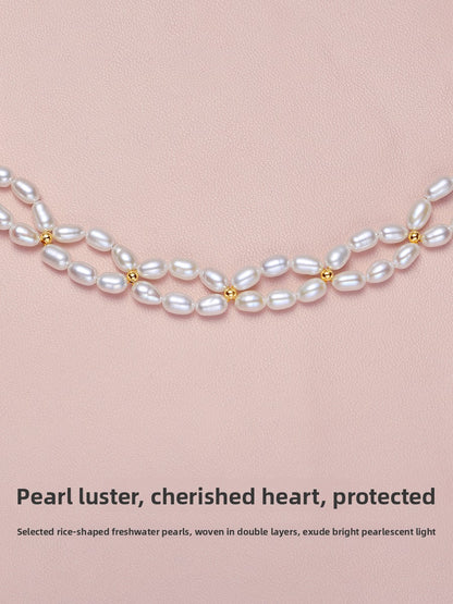 Pearl necklace 2025 new popular genuine women's natural freshwater double-layer rice bead French dress