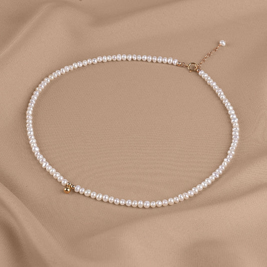 Natural freshwater pearl necklace niche bag gold nearly round strong light baby bead collarbone chain XL065