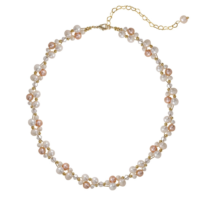 Double Layer Woven Natural Pearl Necklace Bracelet Set Ladies French Beaded Design Crystal Jewelry