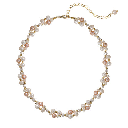 Double Layer Woven Natural Pearl Necklace Bracelet Set Ladies French Beaded Design Crystal Jewelry