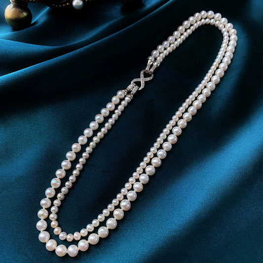 Double-layered natural seedless freshwater pearl collarbone beaded necklace