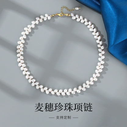 Pearl Necklace Women's Wheat Ear Rice Grain Natural Freshwater Real Pearl Vintage Jewelry Set