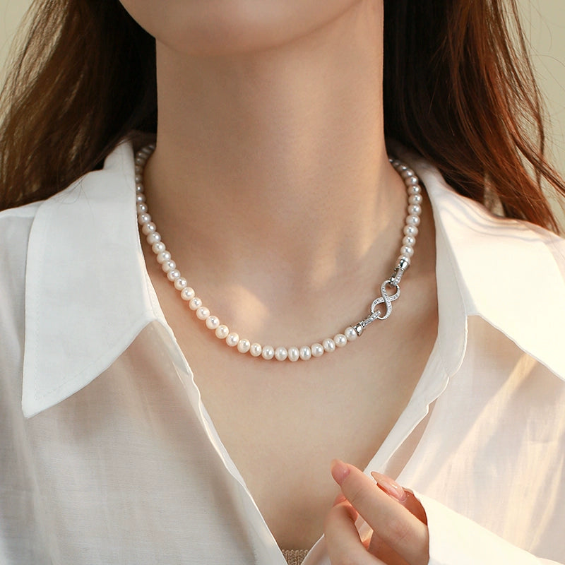 Natural freshwater pearl necklace women's 8-character buckle light luxury high-end sweater chain new popular temperament neck chain