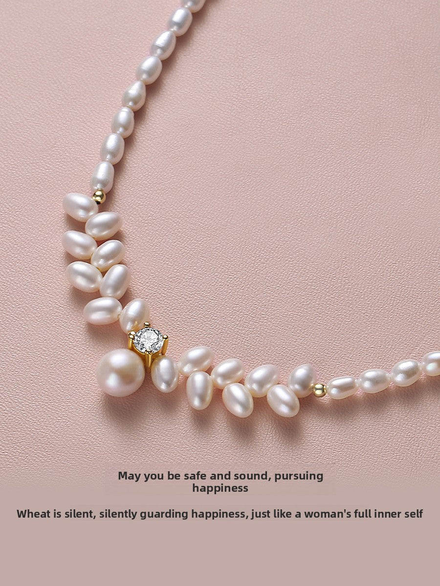 Pearl necklace 2025 new popular natural freshwater rice grain beads wheat ears Princess Diana beaded sweater chain chain chain