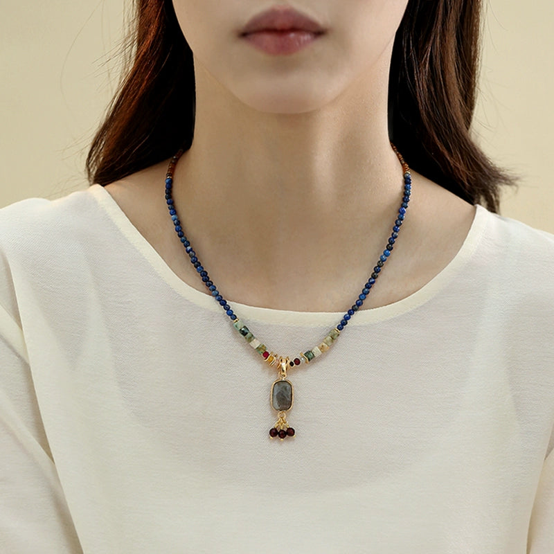 Dunhuang new Chinese lapis lazuli necklace women's design sense natural stone beaded ethnic style sweater chain