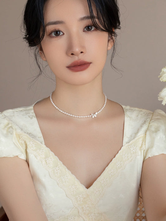 Natural Pearl Small Necklace S925 Silver Mini Butterfly Stacked Belt Chain