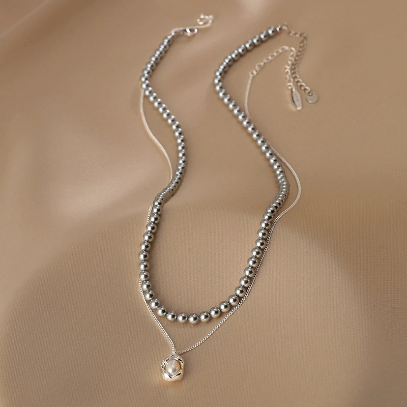 Double-layer stacked  round pearl necklace women's simple fashion S925 sterling silver