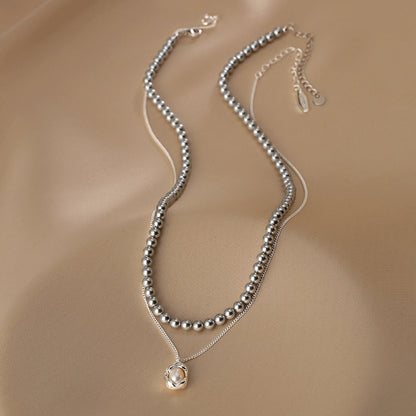 Double-layer stacked  round pearl necklace women's simple fashion S925 sterling silver