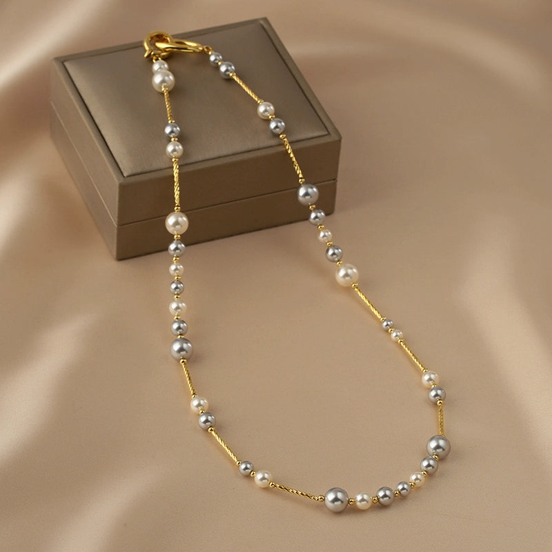 Mixed color  Zhengyuan strong light pearl necklace women's 14K gold design sweater chain