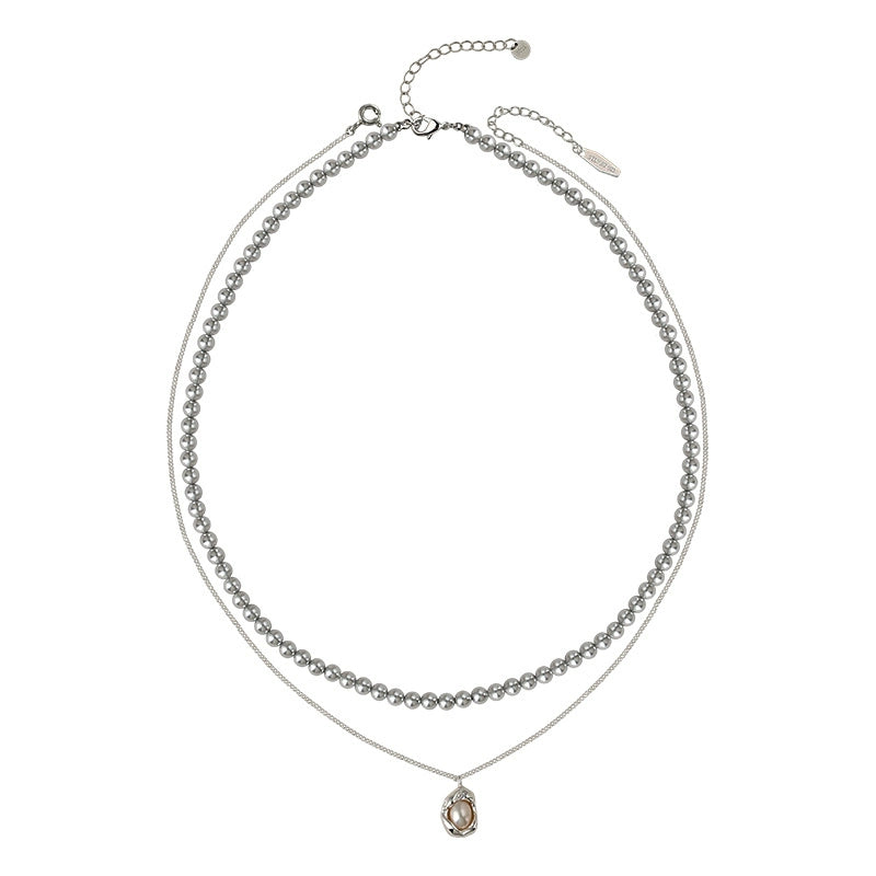 Double-layer stacked  round pearl necklace women's simple fashion S925 sterling silver