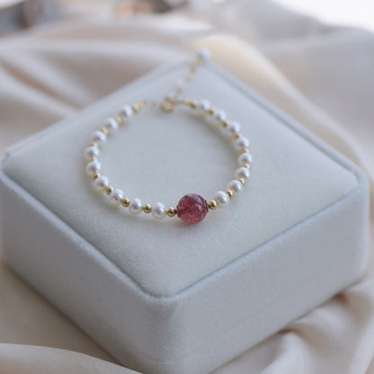 Natural freshwater pearl bracelet female pigeon blood red strawberry crystal bracelet 14k bag gold jewelry female gift wholesale