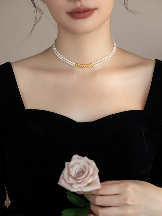 Small rice grain pearl necklace double-layer simple design sense 2024 new chain