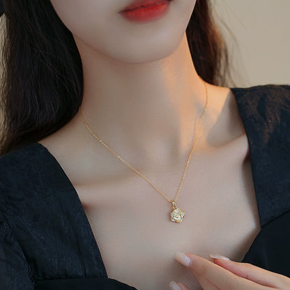 Double Stacked Wear Woven Premium Pearl Necklace Ladies Delicate Design Camellia Pendant