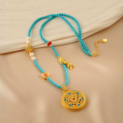 New Chinese style compass pendant, turquoise necklace, women's pearl sweater chain, new explosion