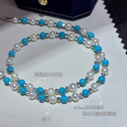 Summer Coolness Natural Freshwater 4-5mmAK Pearl Retro Turquoise Bracelet Necklace Sterling Silver Set