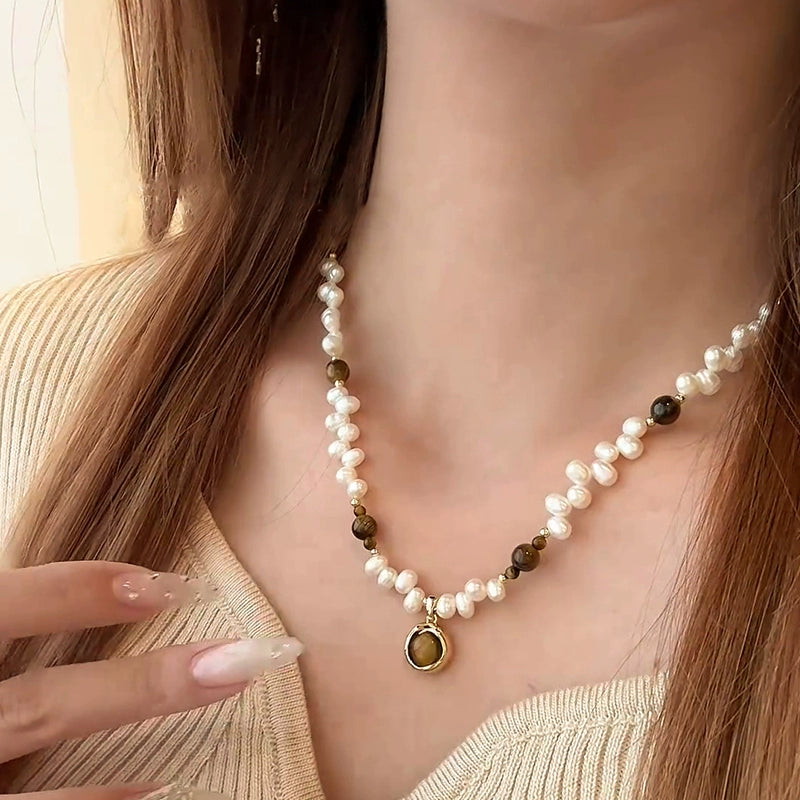 Mr. He Natural Pearl Necklace Earrings Set Ladies Design Tiger's Eye Premium