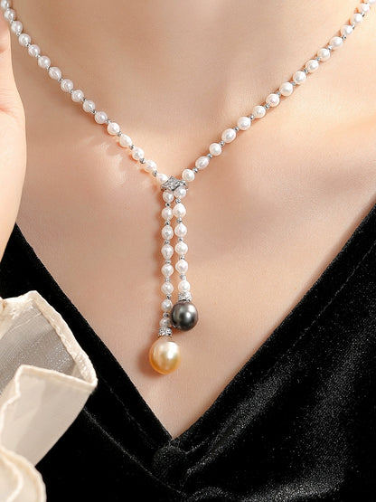 Natural Freshwater Pearl Freshwater Rice Grain Sweater Chain Ladies Strong Gold Tahitian Black Pearl Necklace