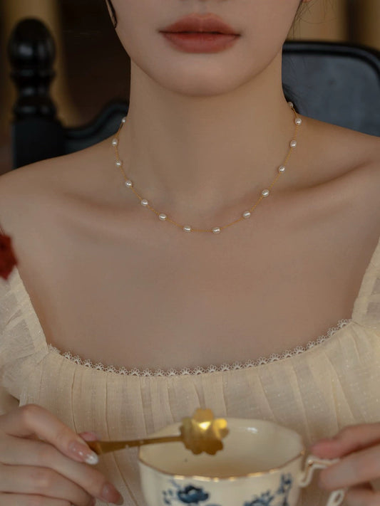 Beautiful Gypsy Pearl Chain Necklace 14K Gold Versatile Girls Gift