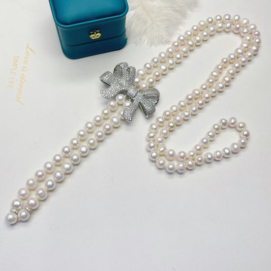 micro-inlaid stone necklace bow freshwater pearl sweater chain long necklace
