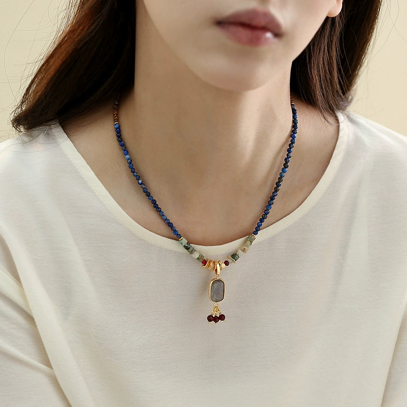 Dunhuang new Chinese lapis lazuli necklace women's design sense natural stone beaded ethnic style sweater chain