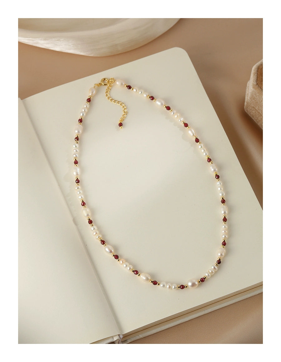 Natural pearl bracelet necklace set female French retro temperament garnet jewelry collarbone chain premium feeling neck chain