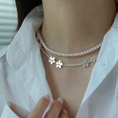 S925 Sterling Silver Flower Necklace Women's Design Premium Stacked Pearl Silver Jewelry